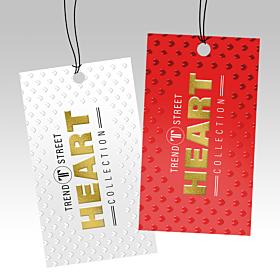 Premium hang tags with raised gold and gloss finishes