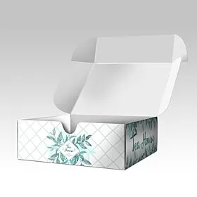 Custom printed white product box with botanical artwork