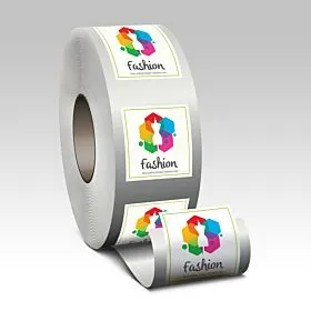 Rolls of square product labels printed with colorful fashion branding